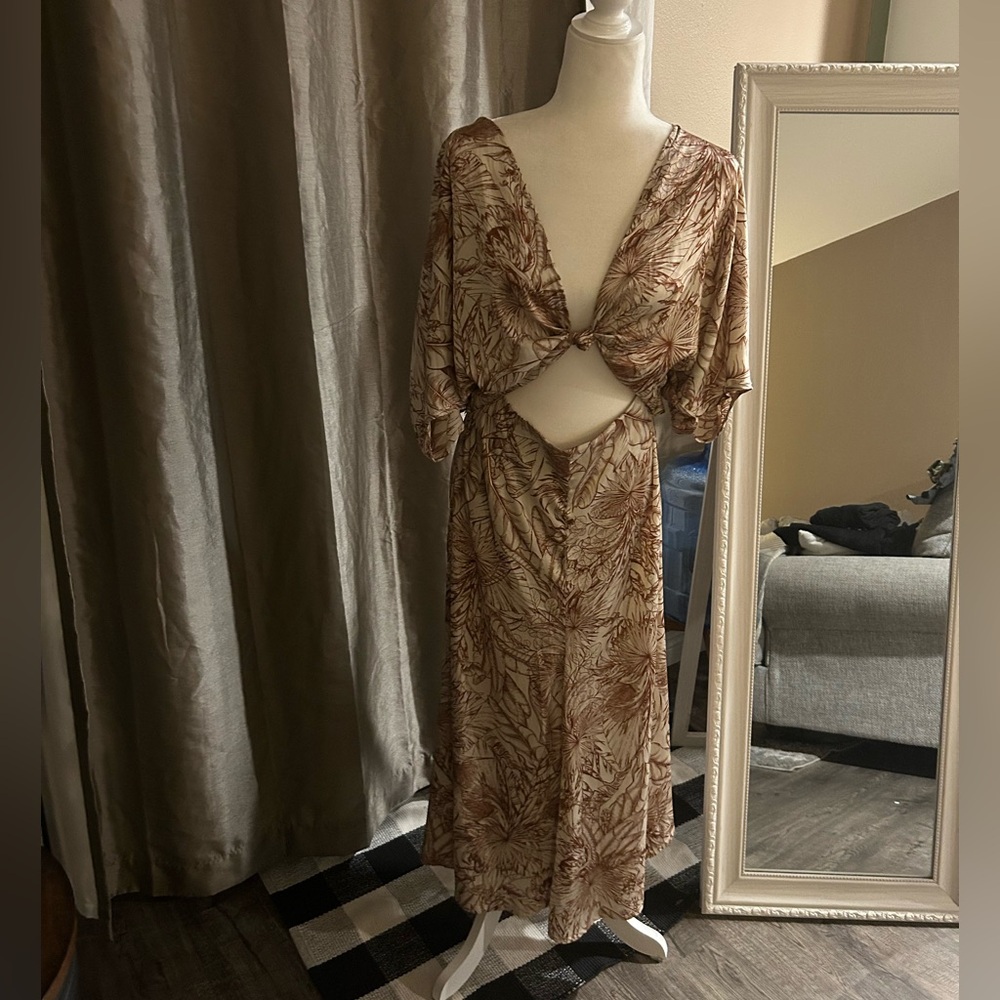 Brown Leaf Print satin cutout midi dress